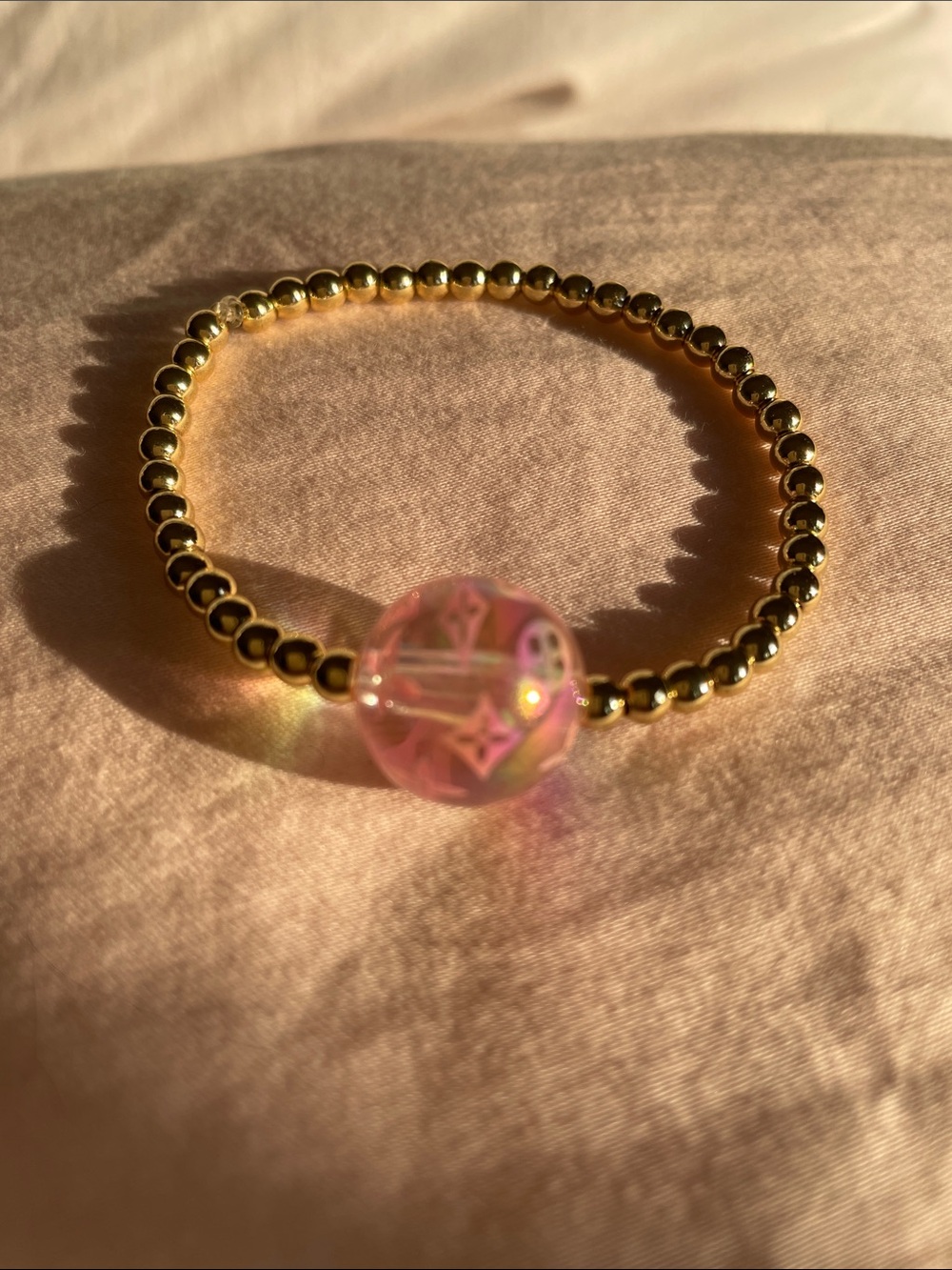 Gold Beaded Bracelet with Pink Accent Bead - Picture 3 of 9